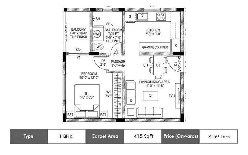 Squarefeet Green Square 1 BHK floor plan, 415 sq ft carpet area